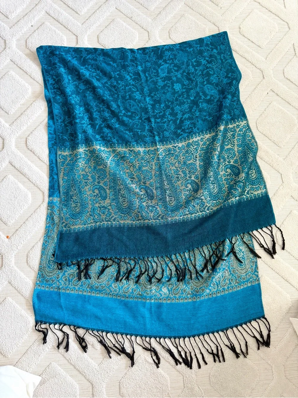 Pashmina SILK Turquoise & gold Fringe Scarf